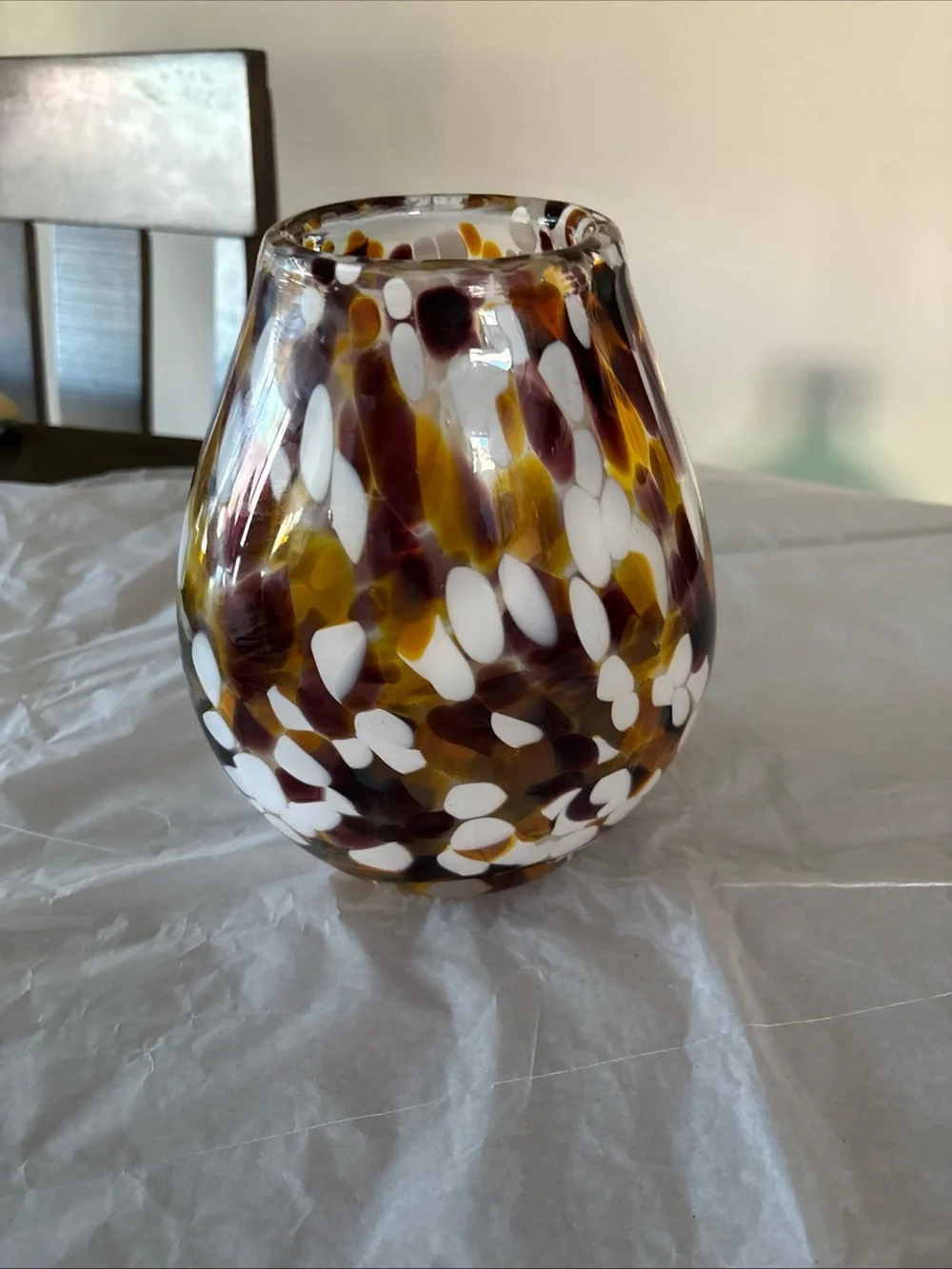 Hand Blown Art Glass Vase White Amber Spots Artisan Studio 7.65” Heavy Solid